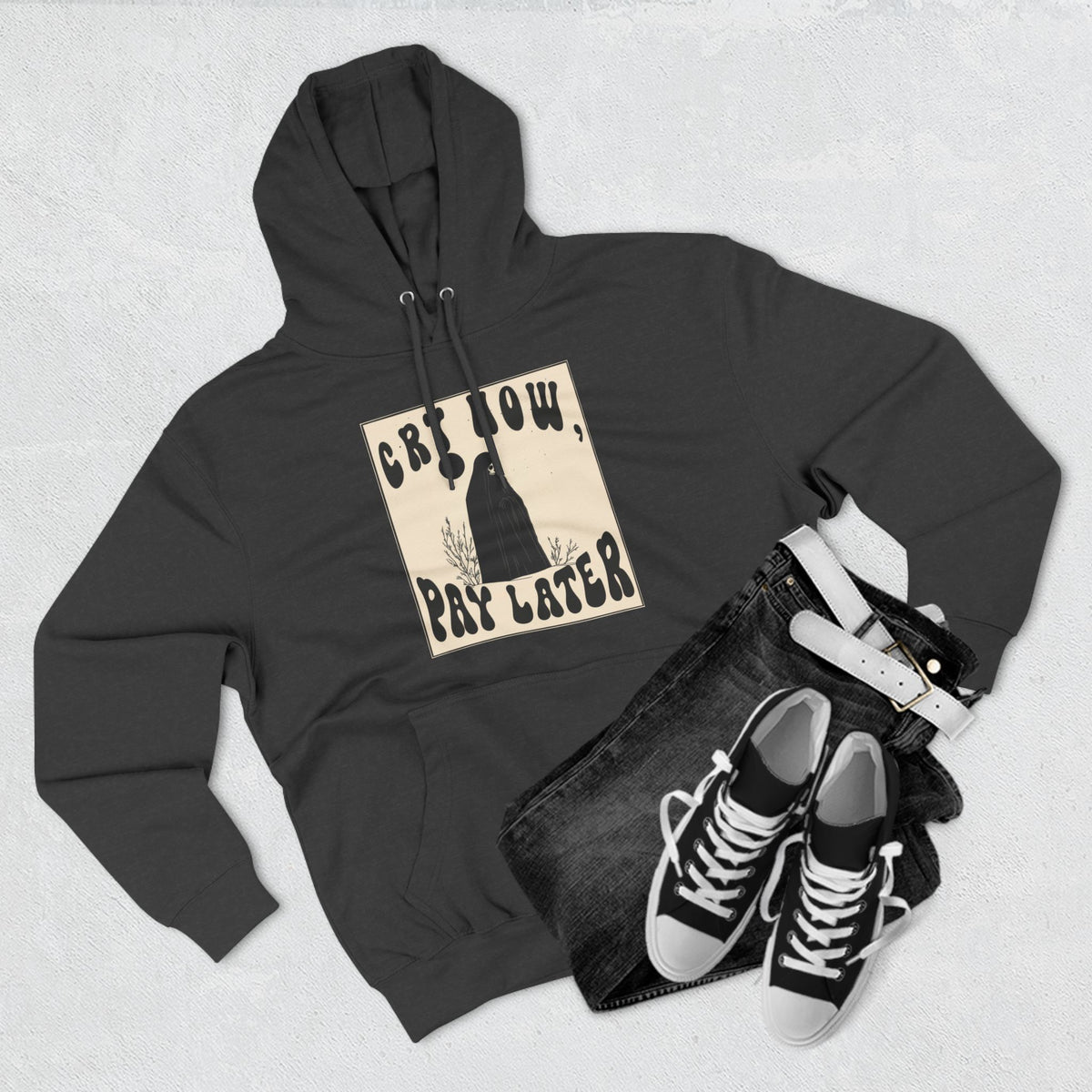 CRY NOW, PAY LATER Three-Panel Fleece Hoodie
