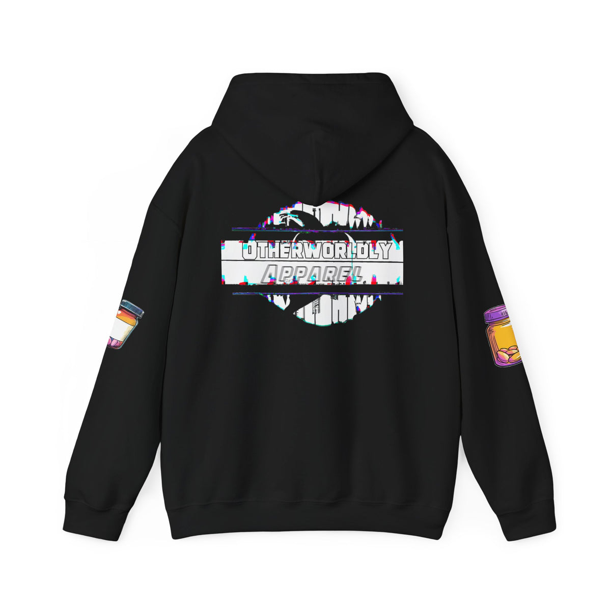 Black hoodie with gothic blackletter text “Those Who Sell the Panic, Also Sell the Cure” and three colorful pill bottles