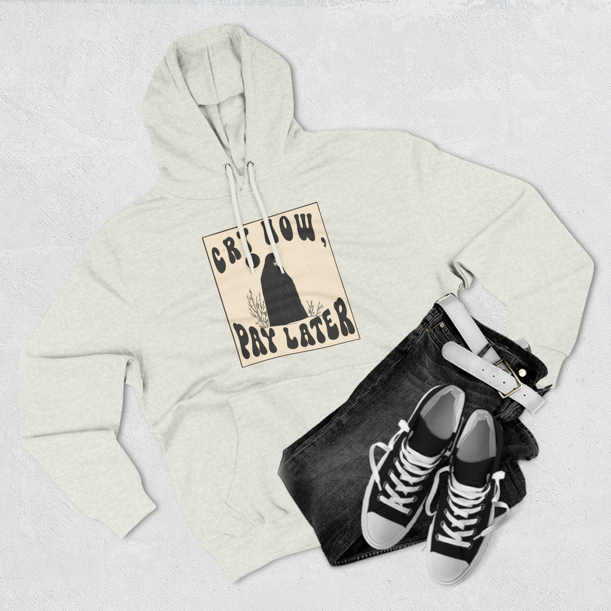 CRY NOW, PAY LATER Three-Panel Fleece Hoodie