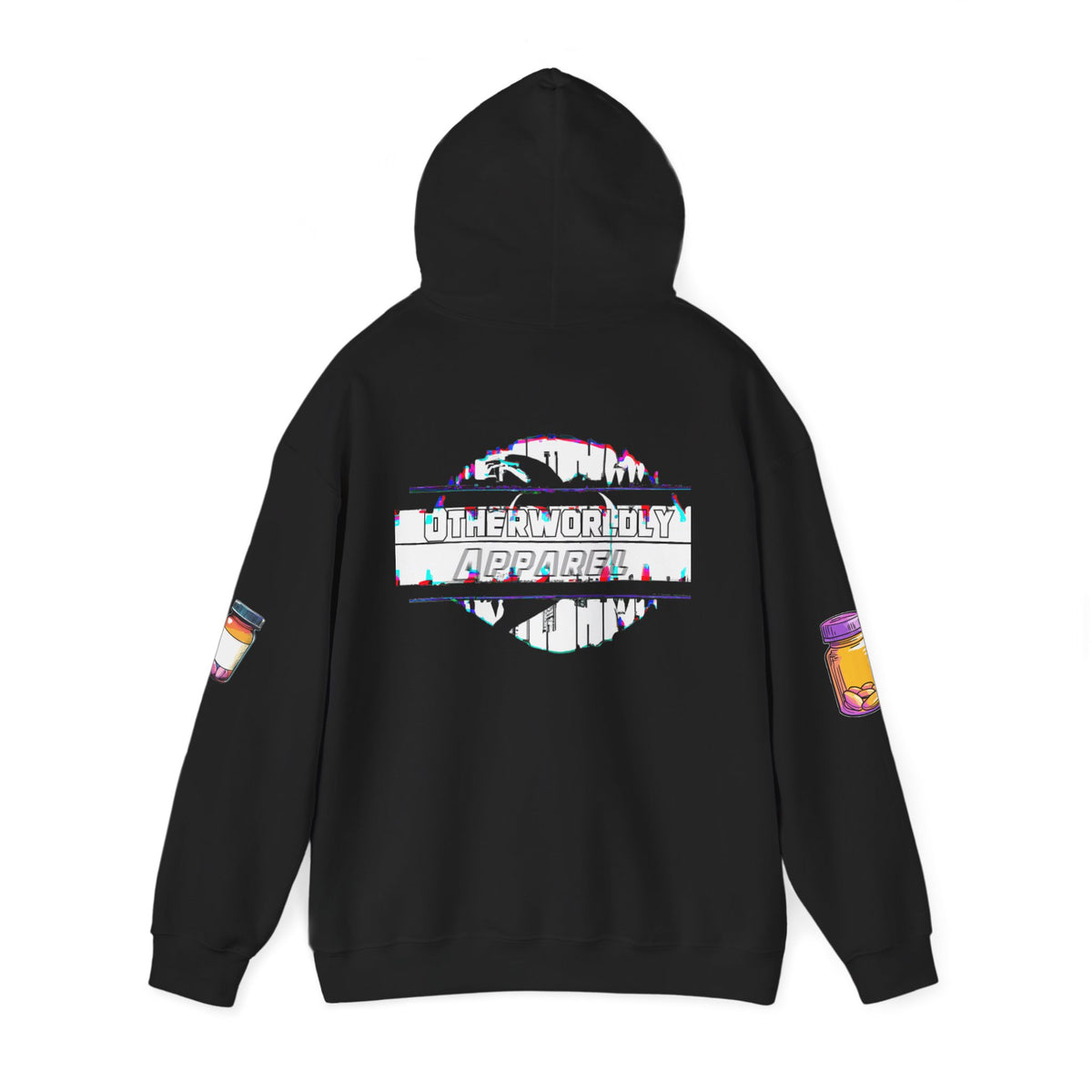 Black hoodie with gothic blackletter text “Those Who Sell the Panic, Also Sell the Cure” and three colorful pill bottles